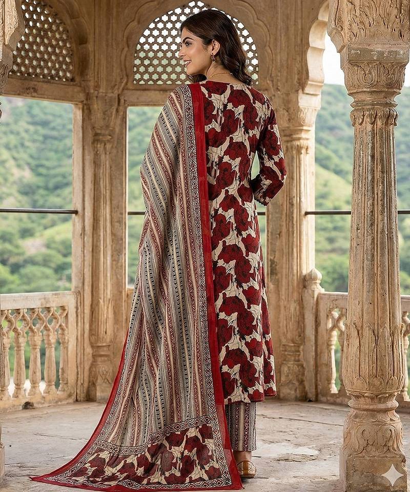 Anouk red and baige pure cotton a-line angrakha kurta set