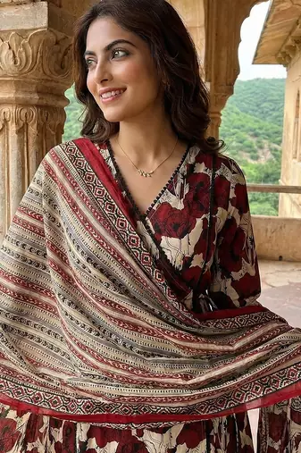 red and beige pure cotton a-line angrakha kurta set