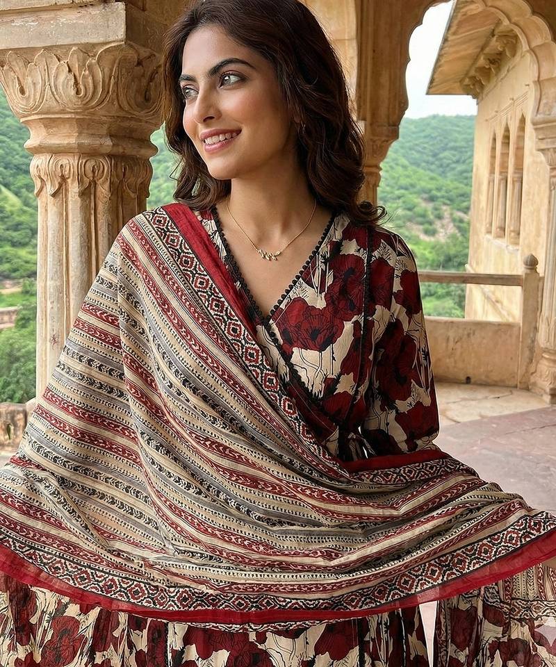 Anouk red and baige pure cotton a-line angrakha kurta set