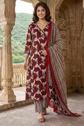 red and beige pure cotton a-line angrakha kurta set