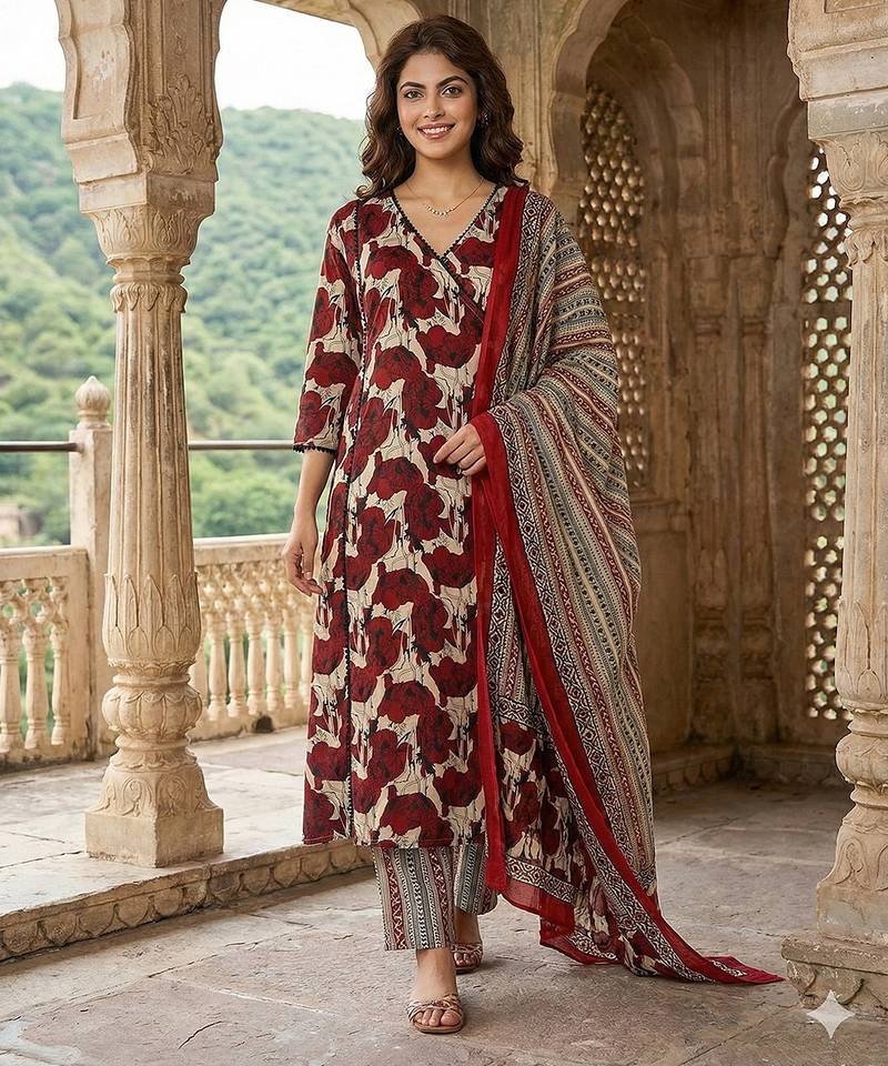Anouk red and baige pure cotton a-line angrakha kurta set