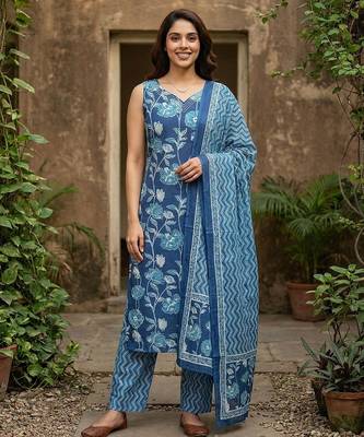blue pure cotton straight regular kurta set 1