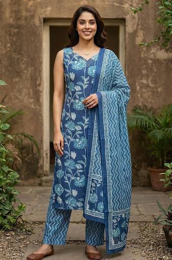 Anouk blue pure cotton straight regular kurta set