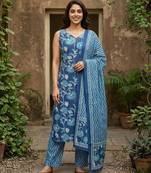 Anouk blue pure cotton straight regular kurta set