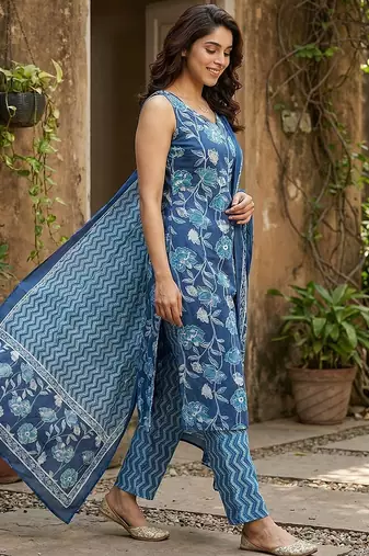 blue pure cotton straight regular kurta set