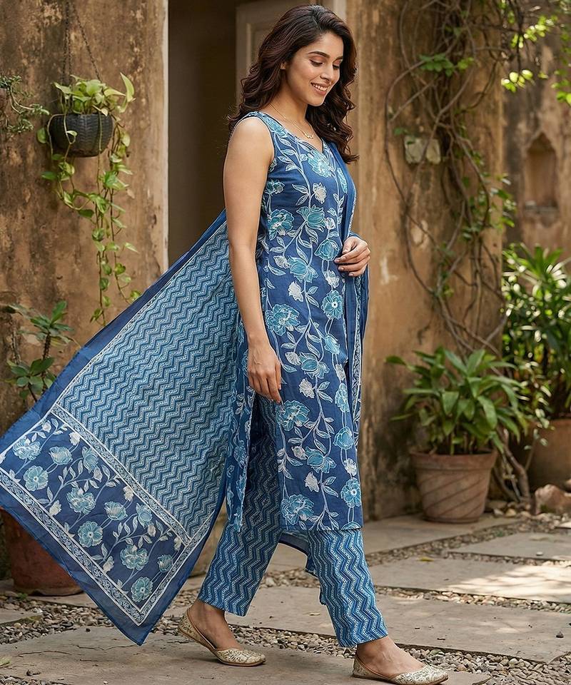 Anouk blue pure cotton straight regular kurta set