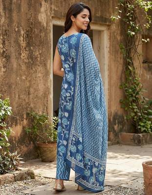 blue pure cotton straight regular kurta set 3