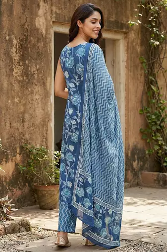 blue pure cotton straight regular kurta set