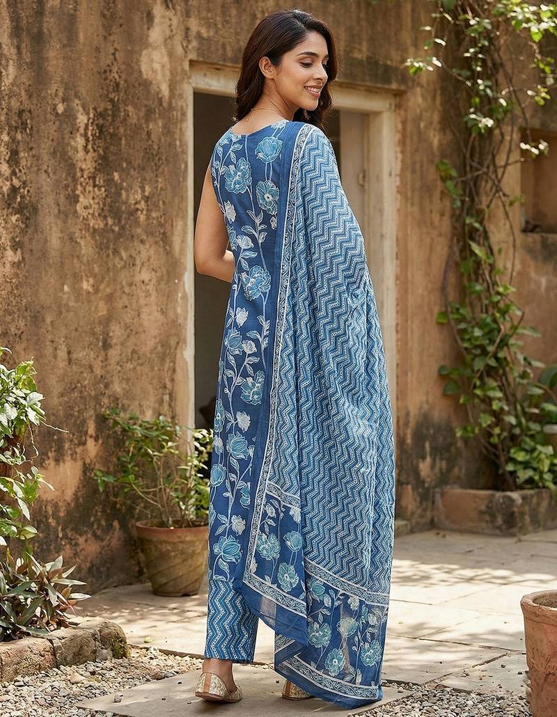 Anouk blue pure cotton straight regular kurta set