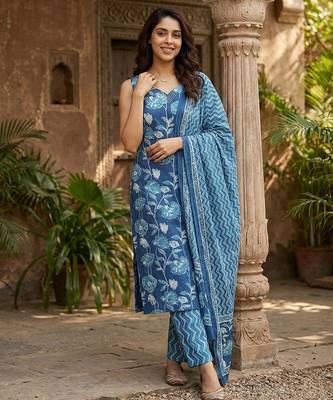 blue pure cotton straight regular kurta set 5