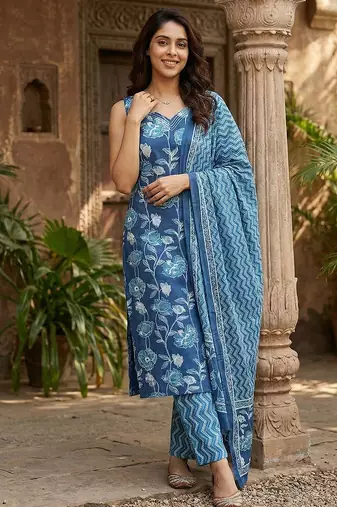 blue pure cotton straight regular kurta set