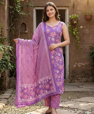 purple pure cotton straight regular kurta set 1