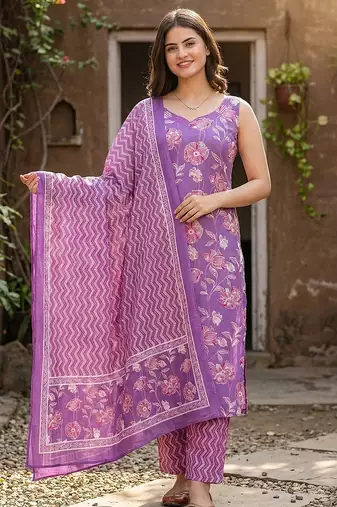 Anouk purple pure cotton straight regular kurta set