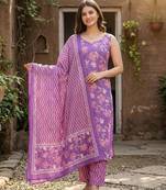 Anouk purple pure cotton straight regular kurta set
