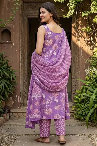 purple pure cotton straight regular kurta set
