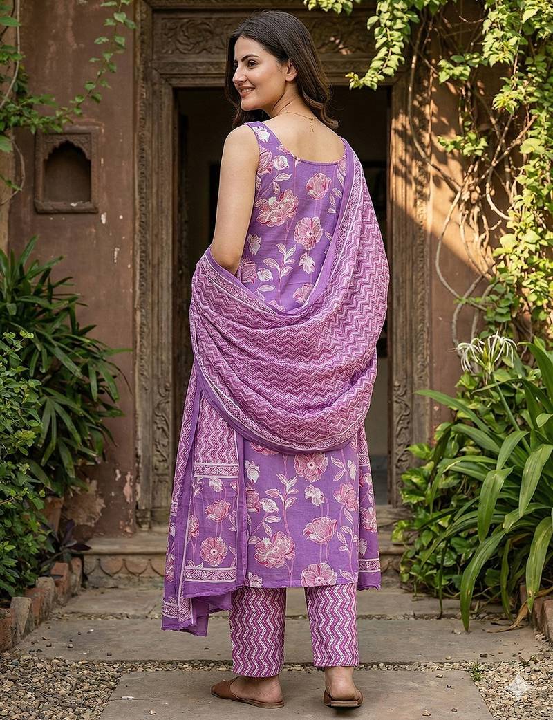 Anouk purple pure cotton straight regular kurta set
