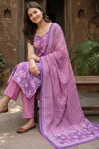 purple pure cotton straight regular kurta set