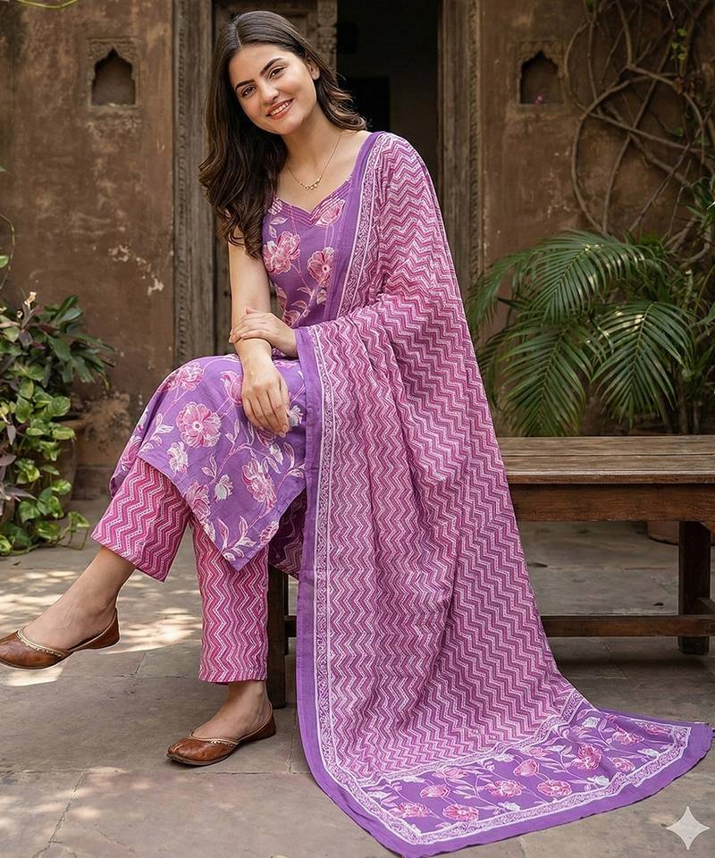 Anouk purple pure cotton straight regular kurta set