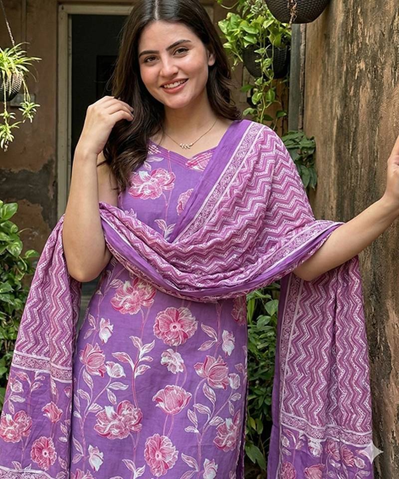 Anouk purple pure cotton straight regular kurta set