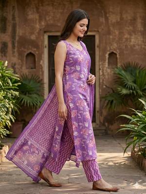 purple pure cotton straight regular kurta set 5