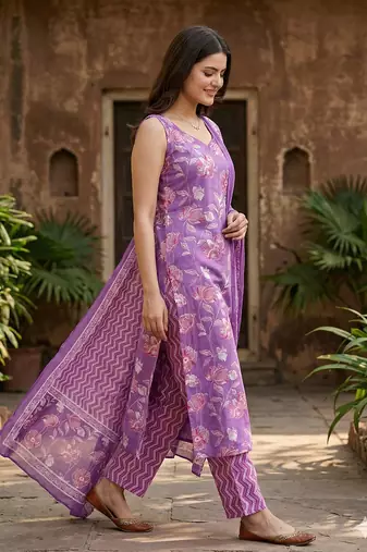 purple pure cotton straight regular kurta set