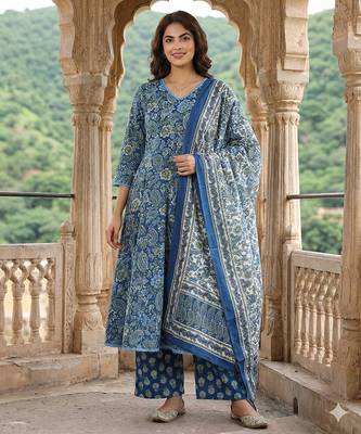 blue and green pure cotton a-line regular kurta set 1