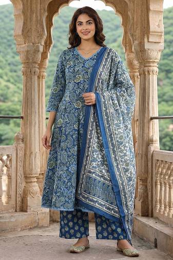 Anouk blue and green pure cotton a-line regular kurta set