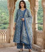 Anouk blue and green pure cotton a-line regular kurta set