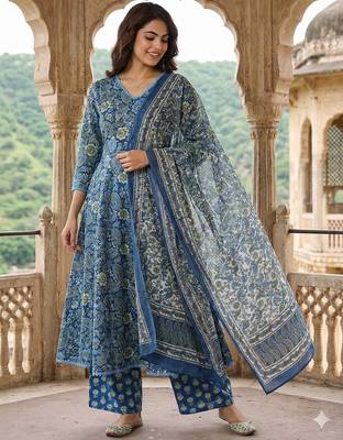 blue and green pure cotton a-line regular kurta set 2