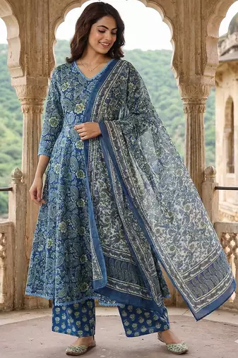 blue and green pure cotton a-line regular kurta set