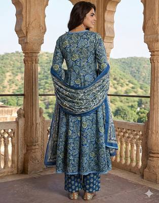 blue and green pure cotton a-line regular kurta set 3