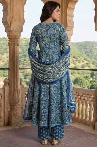 blue and green pure cotton a-line regular kurta set