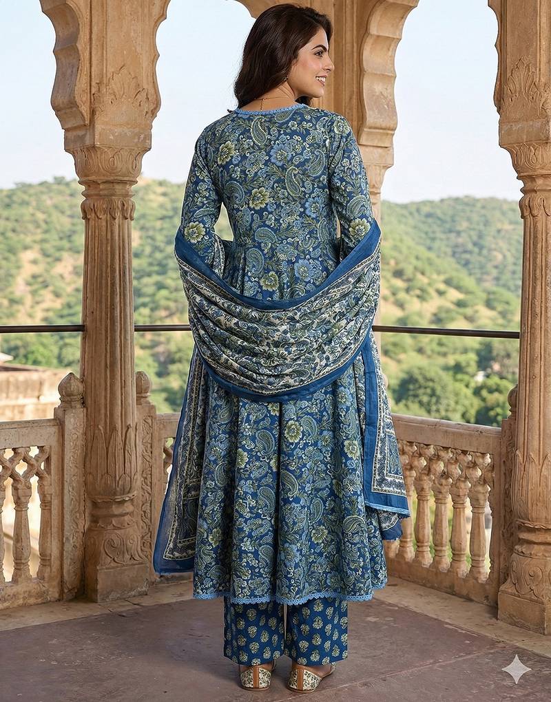 Anouk blue and green pure cotton a-line regular kurta set