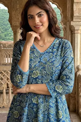 blue and green pure cotton a-line regular kurta set