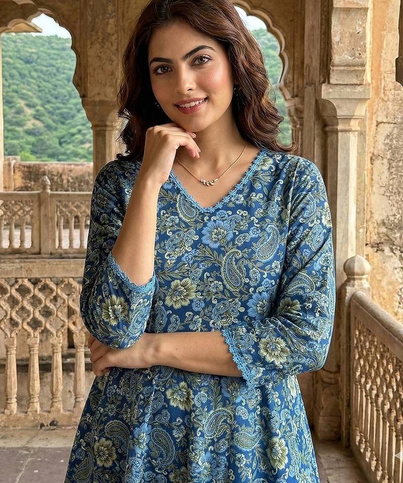 Anouk blue and green pure cotton a-line regular kurta set