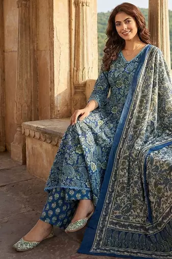 blue and green pure cotton a-line regular kurta set