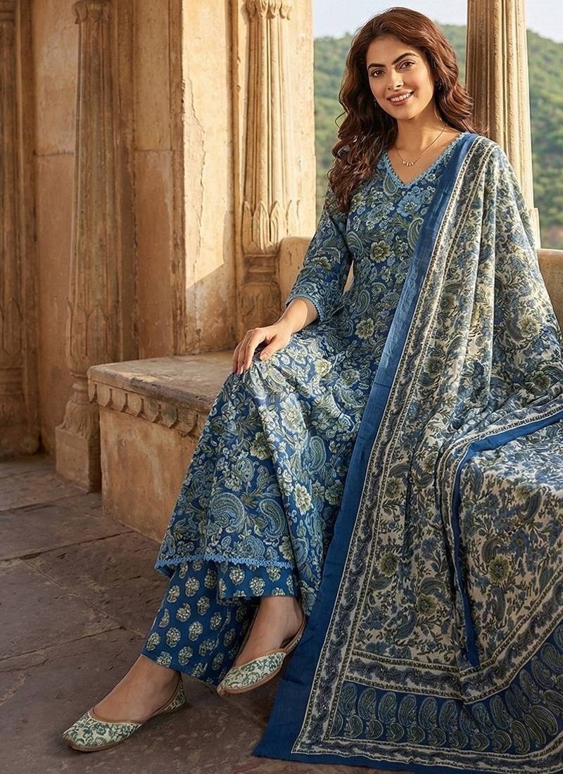 Anouk blue and green pure cotton a-line regular kurta set
