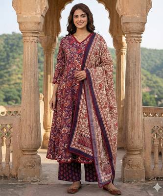 purple and red pure cotton a-line regular kurta set 1