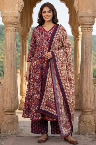 Anouk purple and red pure cotton a-line regular kurta set