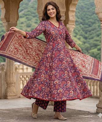 purple and red pure cotton a-line regular kurta set 2