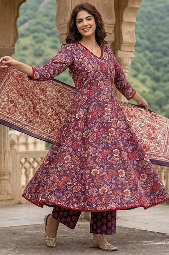 purple and red pure cotton a-line regular kurta set