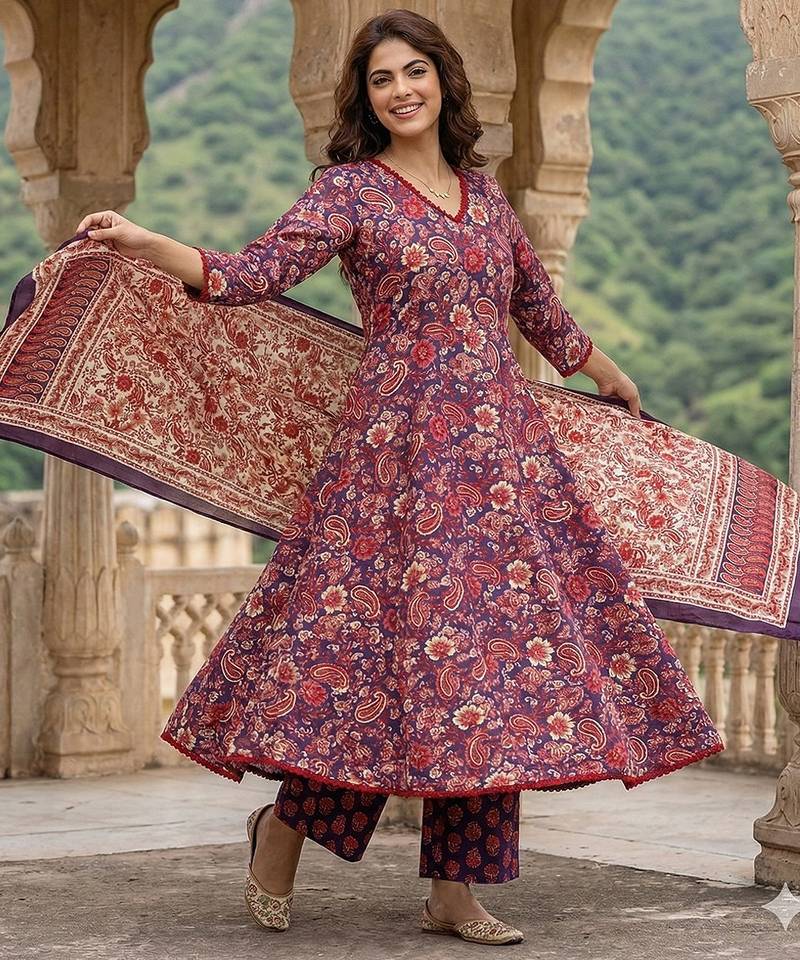 Anouk purple and red pure cotton a-line regular kurta set