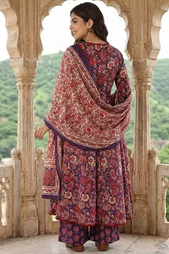 purple and red pure cotton a-line regular kurta set