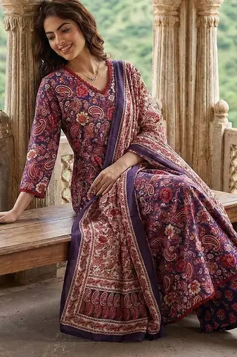 purple and red pure cotton a-line regular kurta set