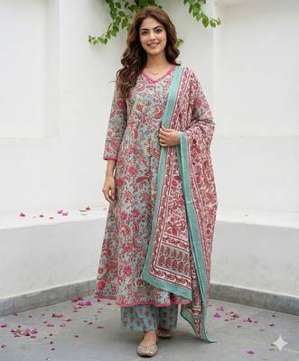 teal green and red pure cotton a-line regular kurta set 1