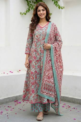 Anouk teal green and red pure cotton a-line regular kurta set