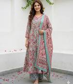 Anouk teal green and red pure cotton a-line regular kurta set