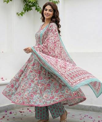 teal green and red pure cotton a-line regular kurta set 2