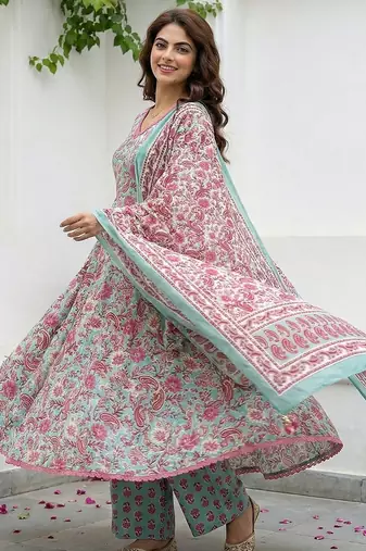 teal green and red pure cotton a-line regular kurta set