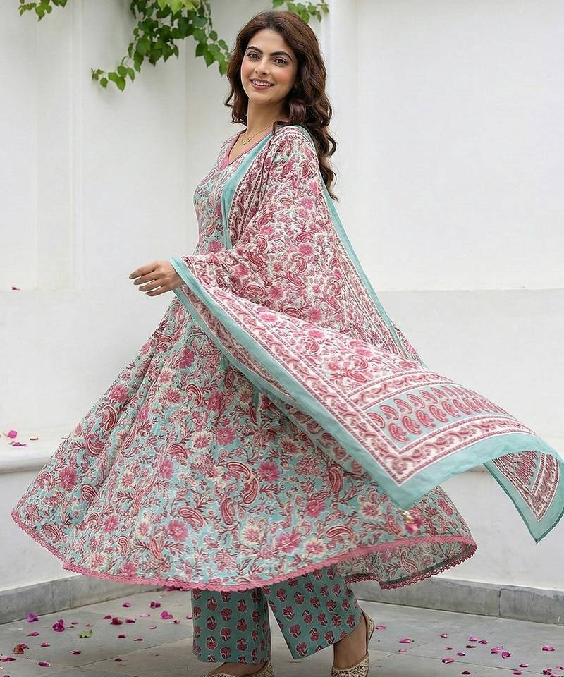 Anouk teal green and red pure cotton a-line regular kurta set